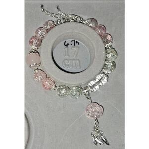 Pink White Wire Bracelet with Rose Dangle #986